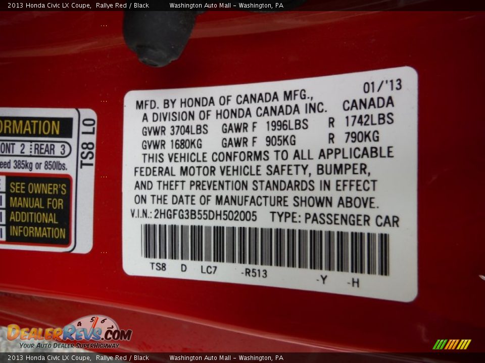 2013 Honda Civic LX Coupe Rallye Red / Black Photo #19