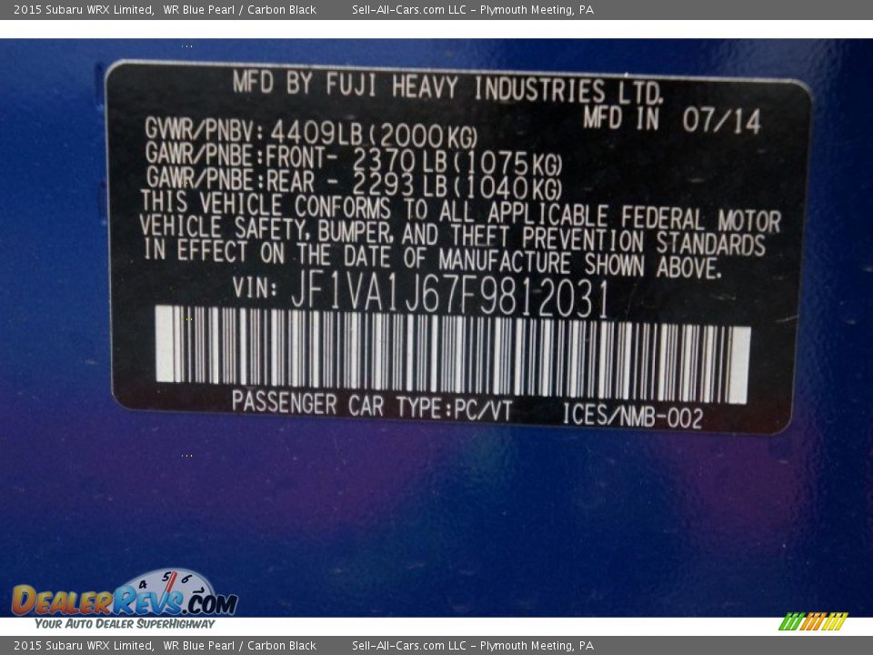 2015 Subaru WRX Limited WR Blue Pearl / Carbon Black Photo #14