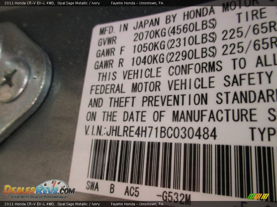 2011 Honda CR-V EX-L 4WD Opal Sage Metallic / Ivory Photo #9
