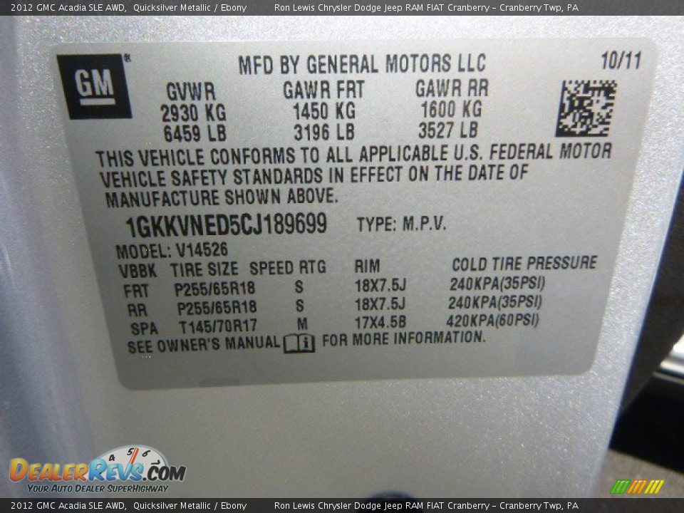 2012 GMC Acadia SLE AWD Quicksilver Metallic / Ebony Photo #14