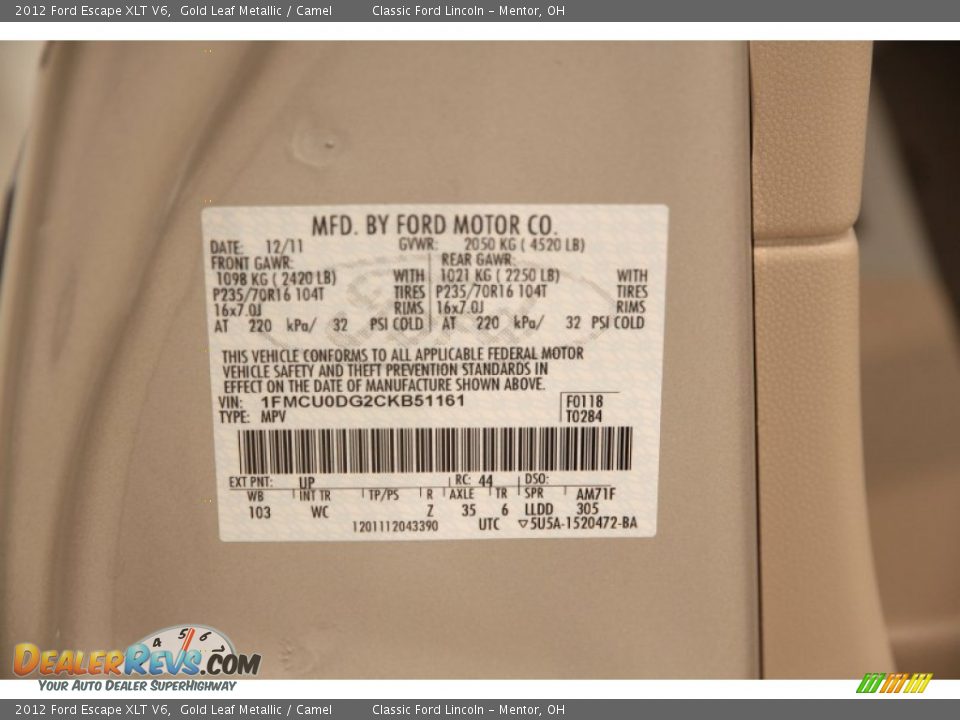 2012 Ford Escape XLT V6 Gold Leaf Metallic / Camel Photo #16