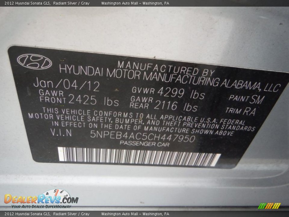 2012 Hyundai Sonata GLS Radiant Silver / Gray Photo #19