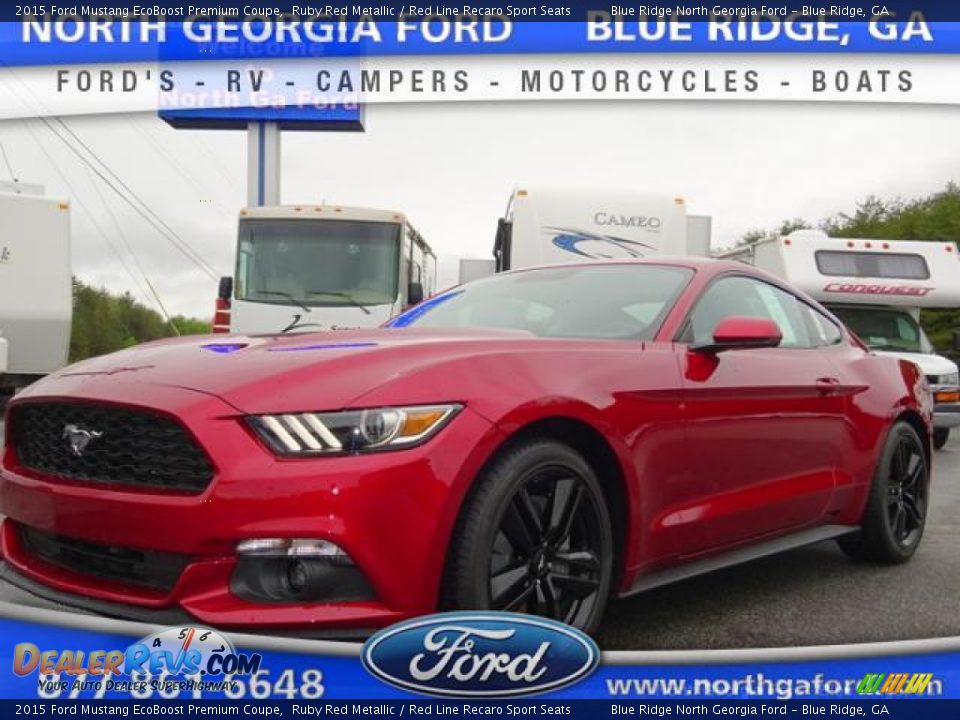 2015 Ford Mustang EcoBoost Premium Coupe Ruby Red Metallic / Red Line Recaro Sport Seats Photo #1