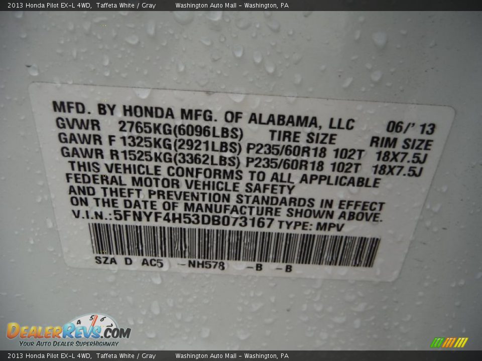 2013 Honda Pilot EX-L 4WD Taffeta White / Gray Photo #24