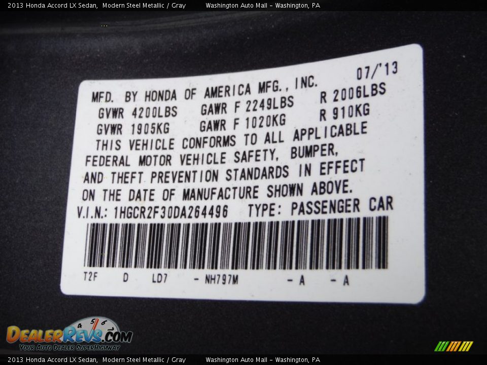 2013 Honda Accord LX Sedan Modern Steel Metallic / Gray Photo #19
