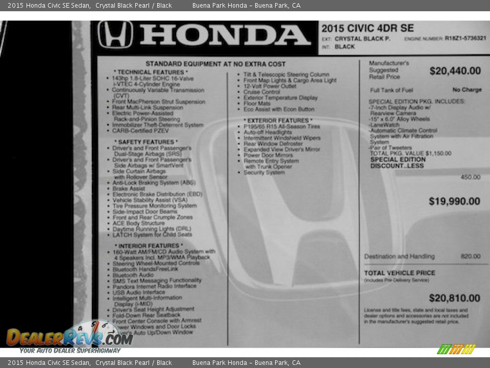 2015 Honda Civic SE Sedan Crystal Black Pearl / Black Photo #19