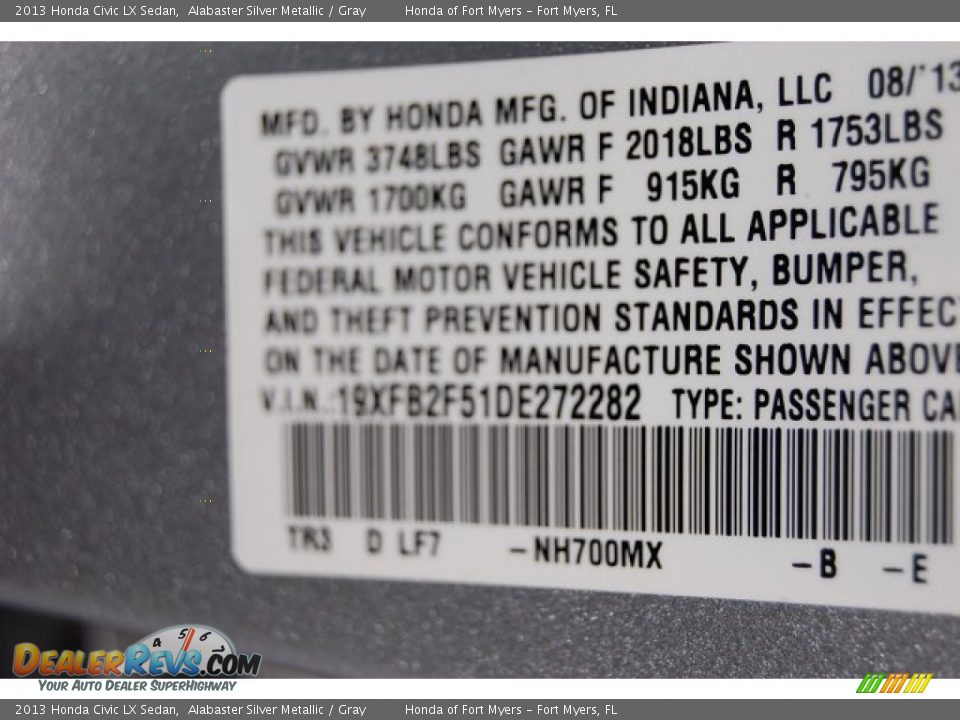 2013 Honda Civic LX Sedan Alabaster Silver Metallic / Gray Photo #36
