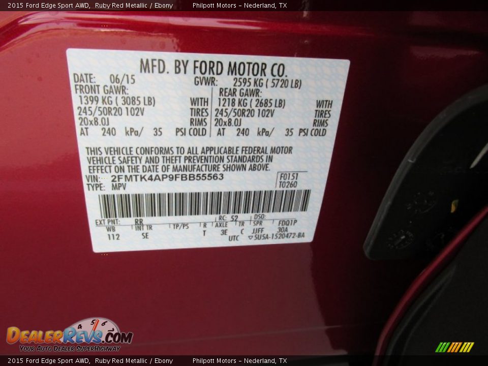 2015 Ford Edge Sport AWD Ruby Red Metallic / Ebony Photo #34