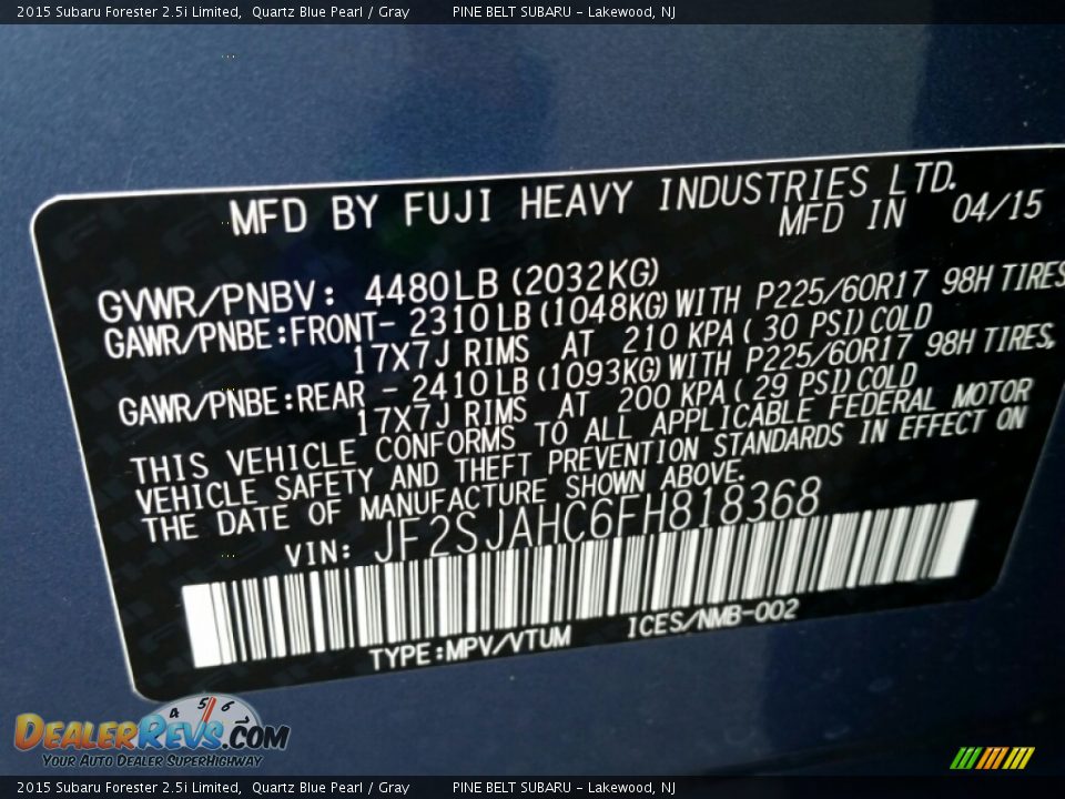 2015 Subaru Forester 2.5i Limited Quartz Blue Pearl / Gray Photo #9