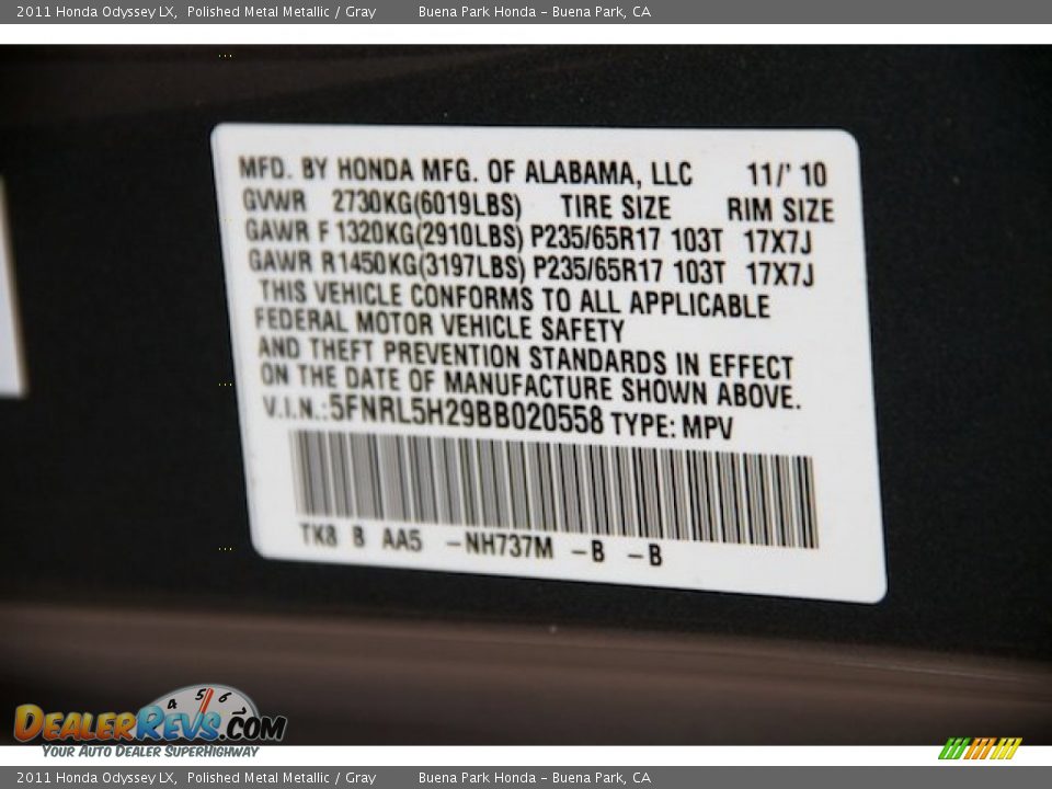 2011 Honda Odyssey LX Polished Metal Metallic / Gray Photo #32