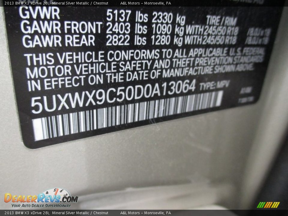 2013 BMW X3 xDrive 28i Mineral Silver Metallic / Chestnut Photo #19