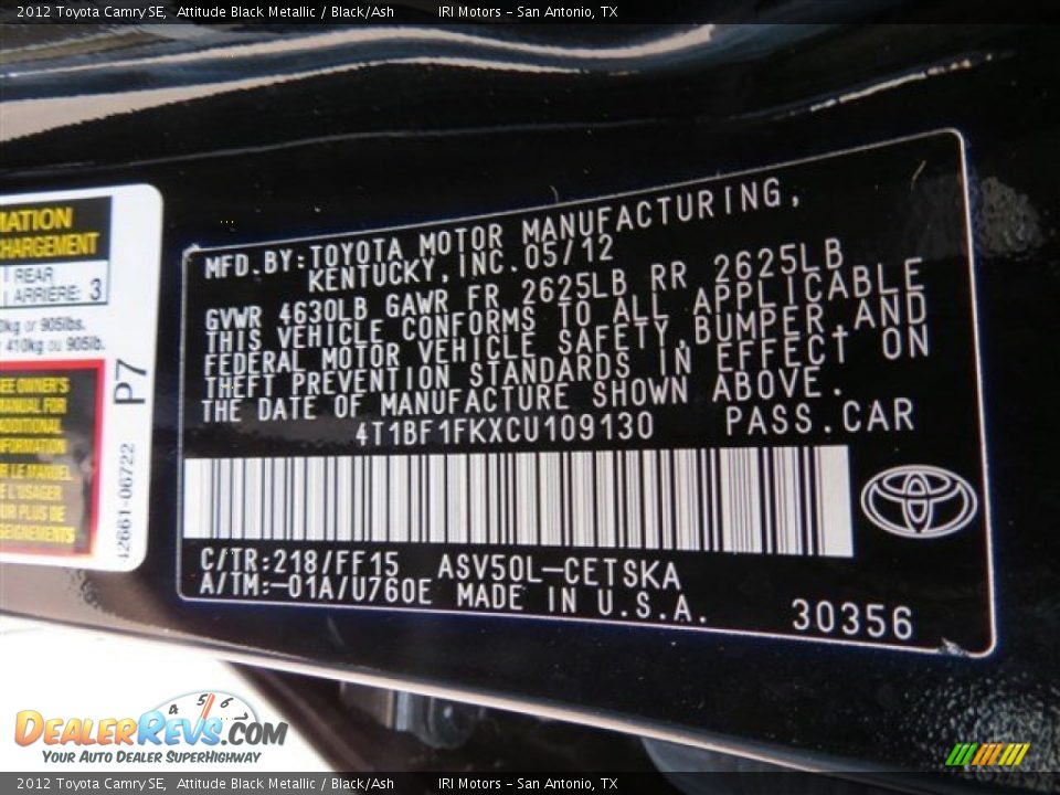 2012 Toyota Camry SE Attitude Black Metallic / Black/Ash Photo #13
