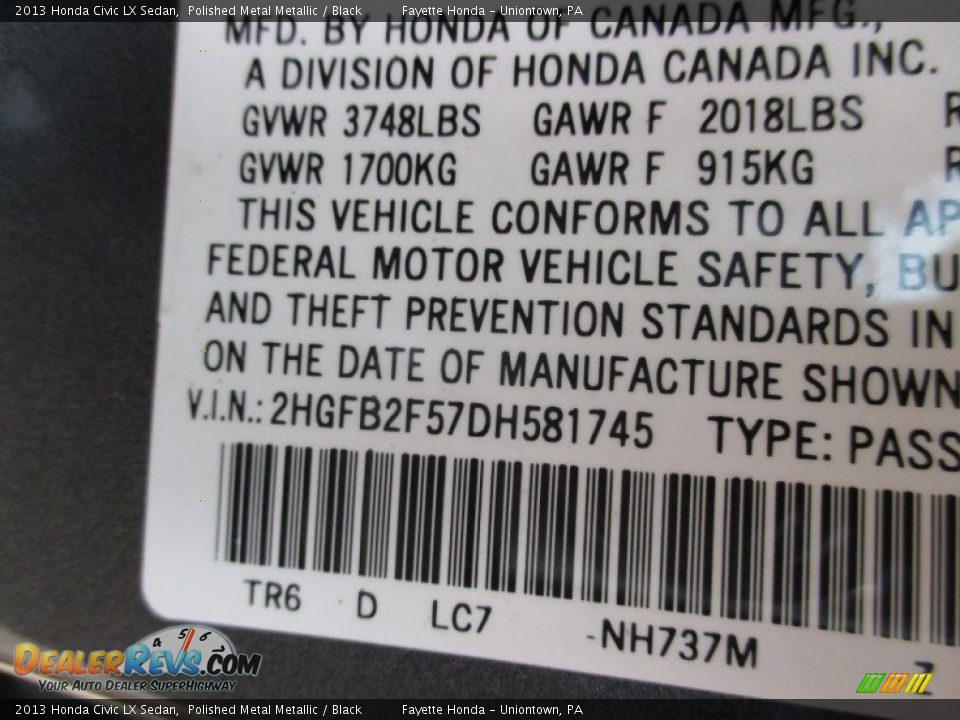 2013 Honda Civic LX Sedan Polished Metal Metallic / Black Photo #9