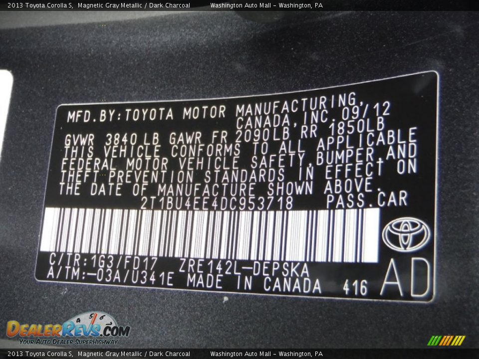 2013 Toyota Corolla S Magnetic Gray Metallic / Dark Charcoal Photo #19