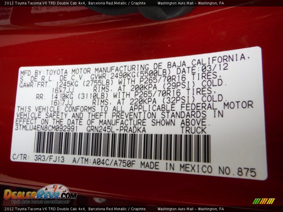 2012 Toyota Tacoma V6 TRD Double Cab 4x4 Barcelona Red Metallic / Graphite Photo #24