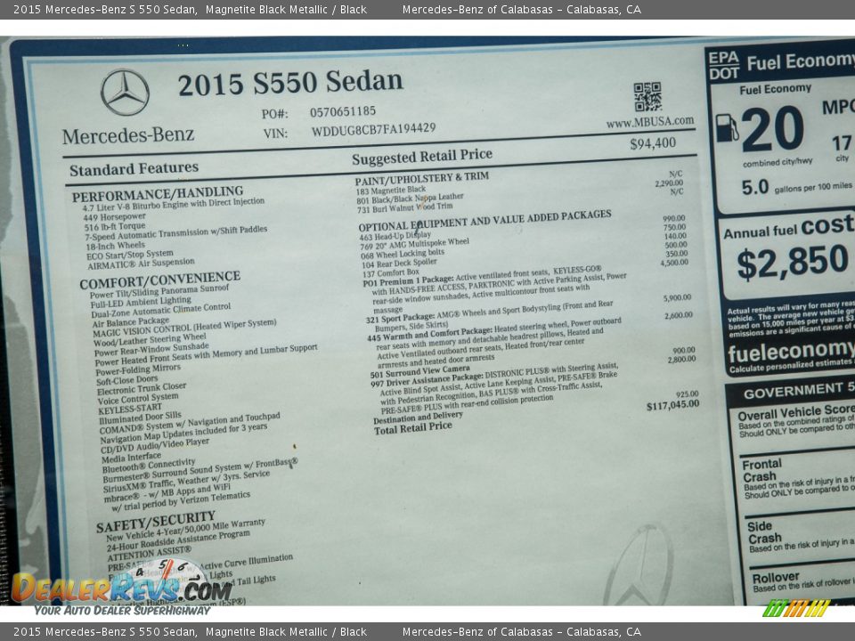 2015 Mercedes-Benz S 550 Sedan Window Sticker Photo #12