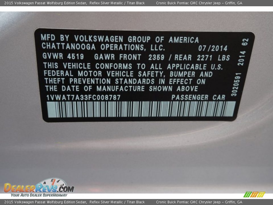 2015 Volkswagen Passat Wolfsburg Edition Sedan Reflex Silver Metallic / Titan Black Photo #22