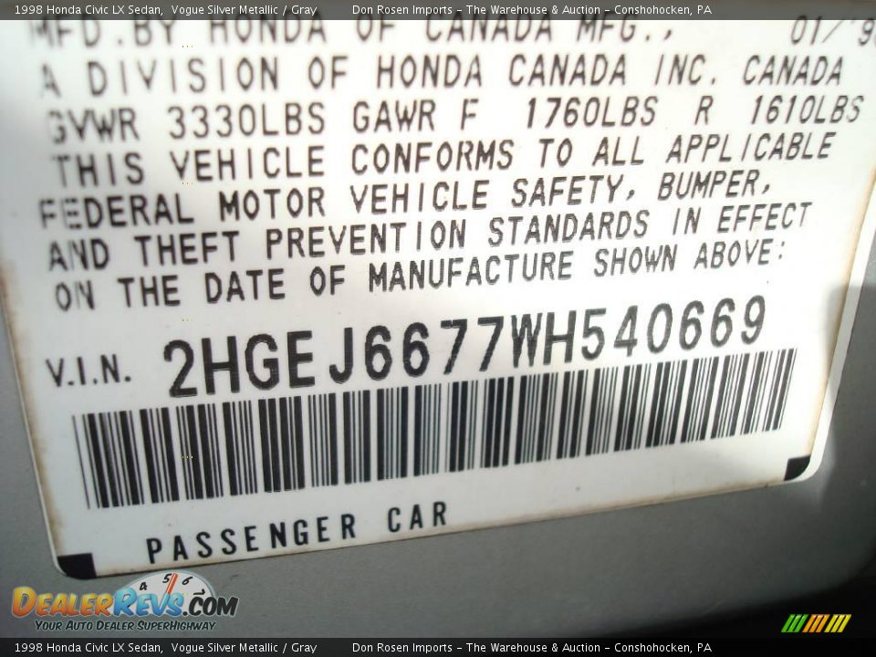 1998 Honda Civic LX Sedan Vogue Silver Metallic / Gray Photo #28