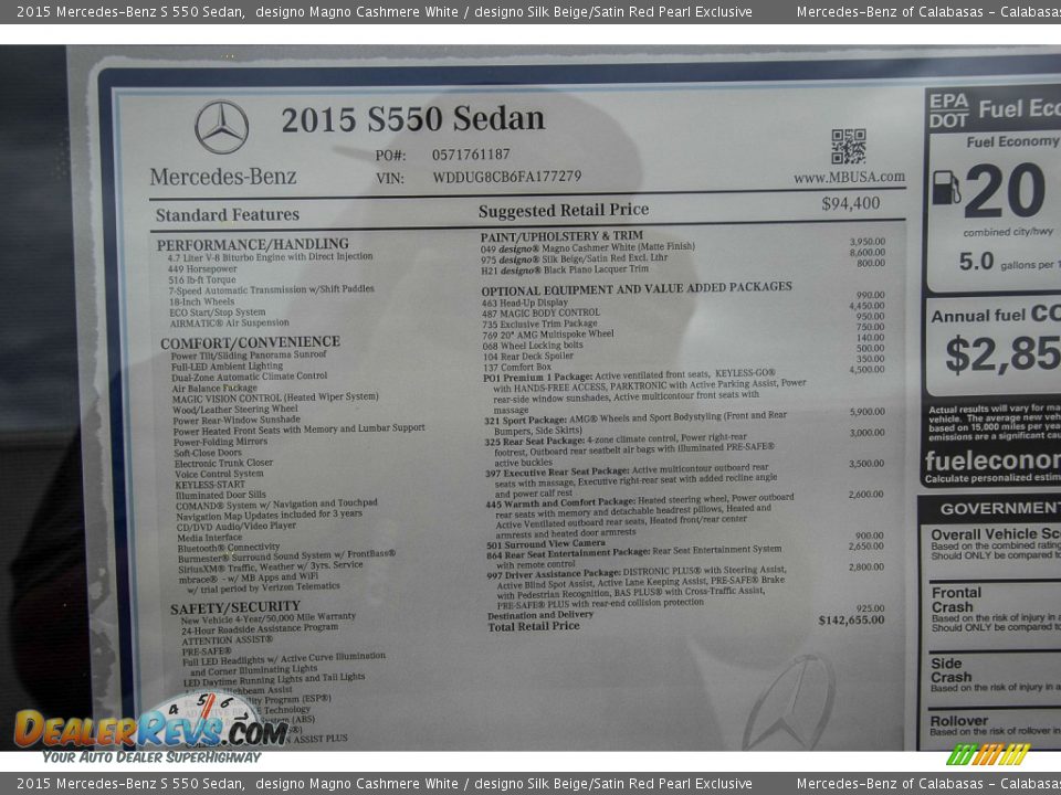 2015 Mercedes-Benz S 550 Sedan Window Sticker Photo #11