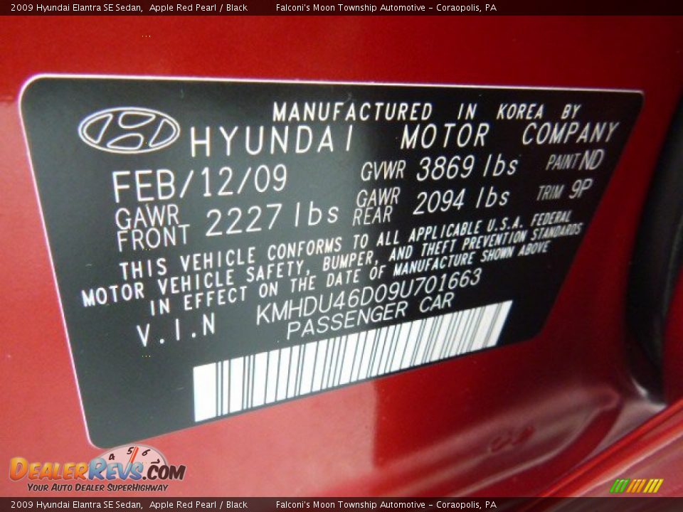 2009 Hyundai Elantra SE Sedan Apple Red Pearl / Black Photo #24