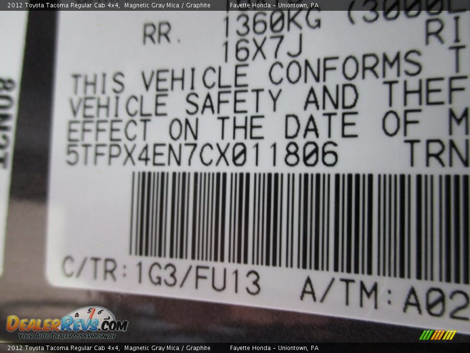 2012 Toyota Tacoma Regular Cab 4x4 Magnetic Gray Mica / Graphite Photo #9
