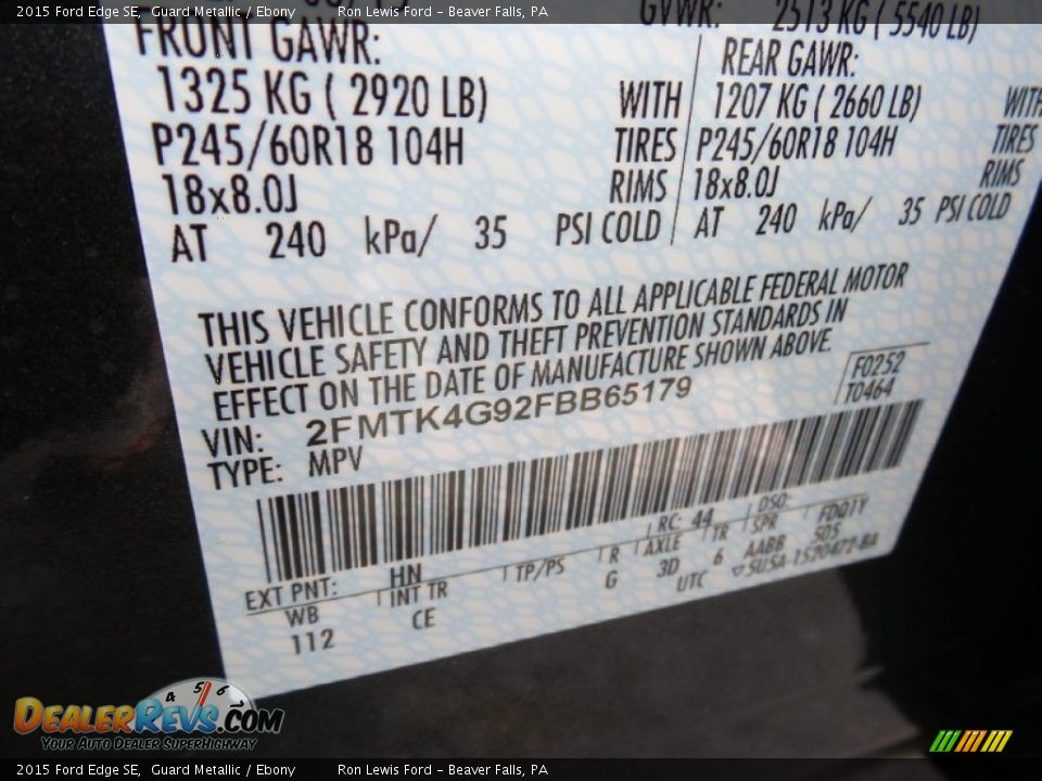 2015 Ford Edge SE Guard Metallic / Ebony Photo #16