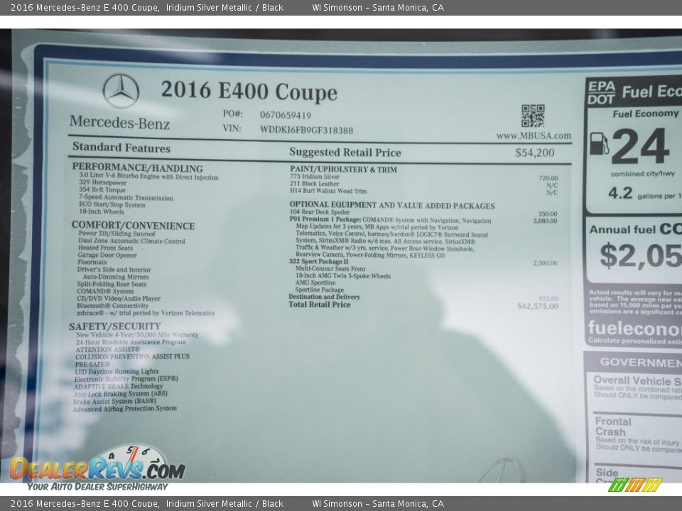 2016 Mercedes-Benz E 400 Coupe Window Sticker Photo #11