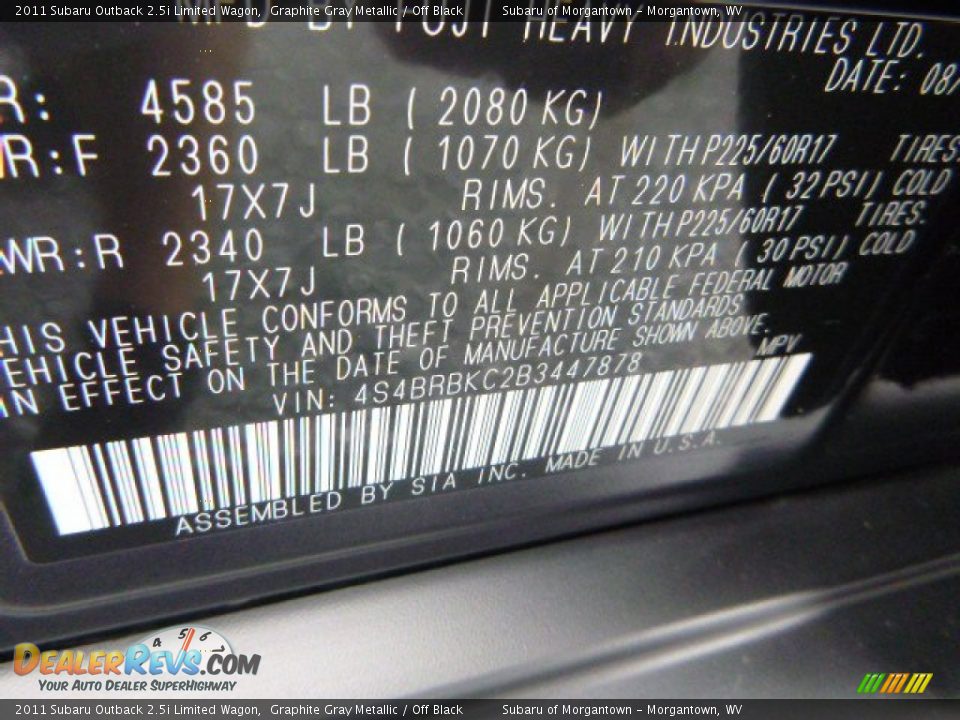 2011 Subaru Outback 2.5i Limited Wagon Graphite Gray Metallic / Off Black Photo #18