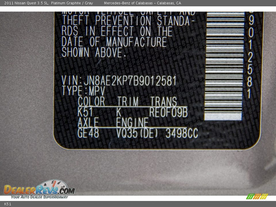 Nissan Color Code K51 Platinum Graphite
