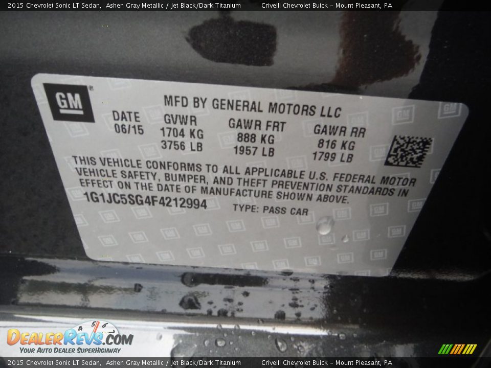 2015 Chevrolet Sonic LT Sedan Ashen Gray Metallic / Jet Black/Dark Titanium Photo #20