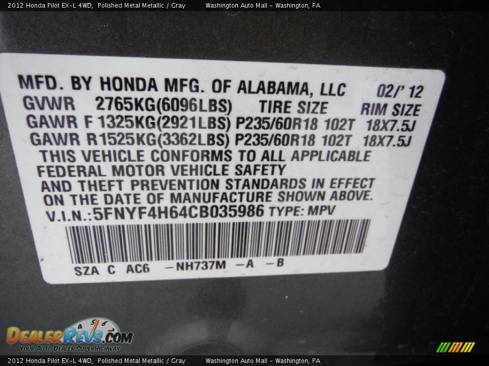 2012 Honda Pilot EX-L 4WD Polished Metal Metallic / Gray Photo #24