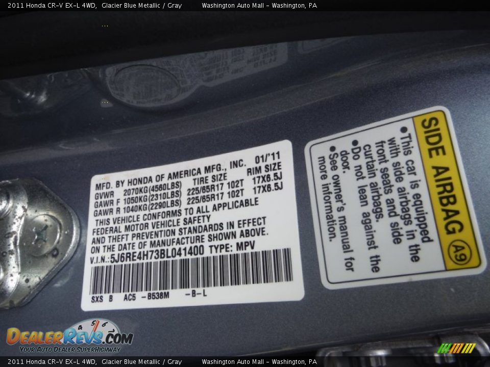 2011 Honda CR-V EX-L 4WD Glacier Blue Metallic / Gray Photo #19