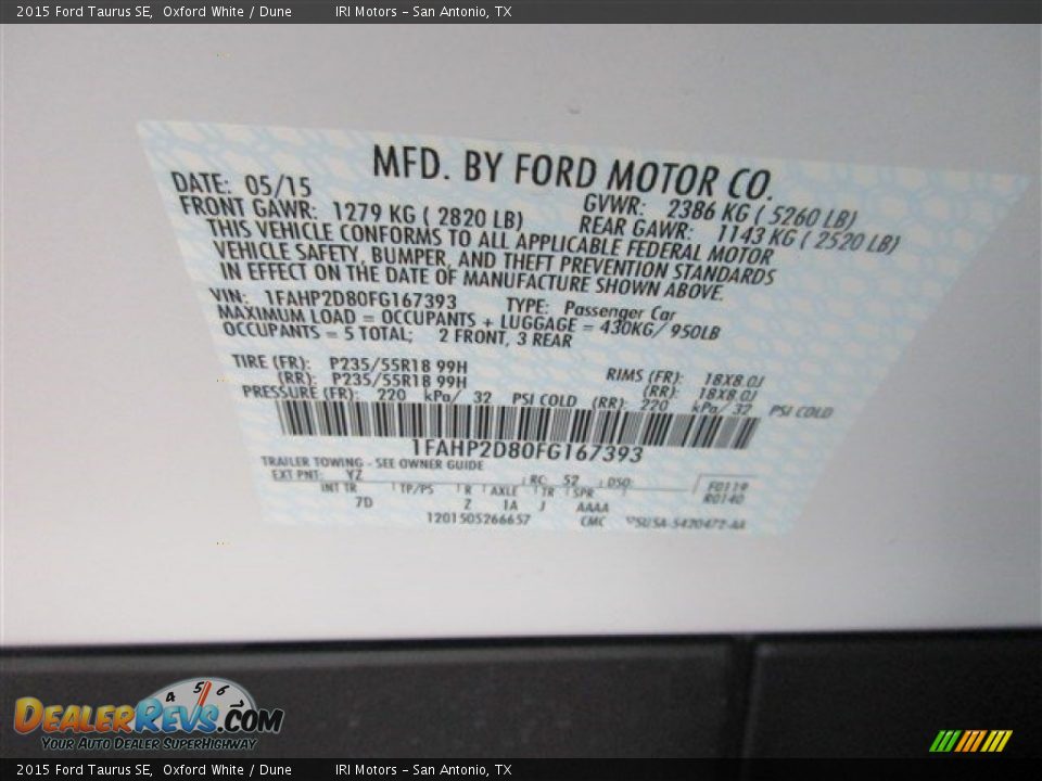 2015 Ford Taurus SE Oxford White / Dune Photo #15