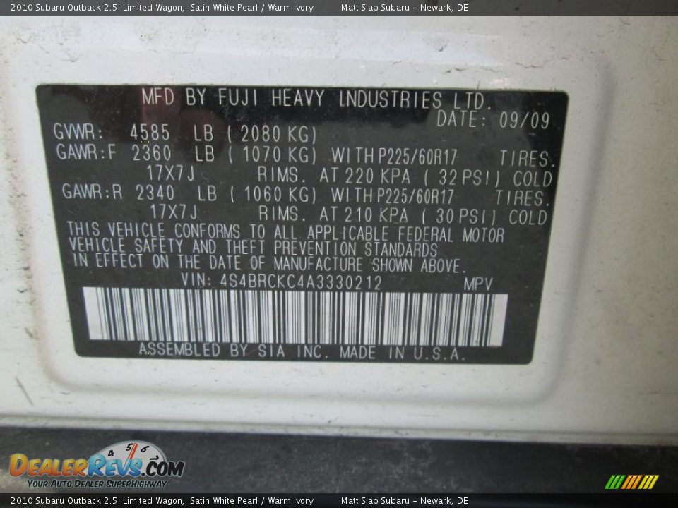 2010 Subaru Outback 2.5i Limited Wagon Satin White Pearl / Warm Ivory Photo #16