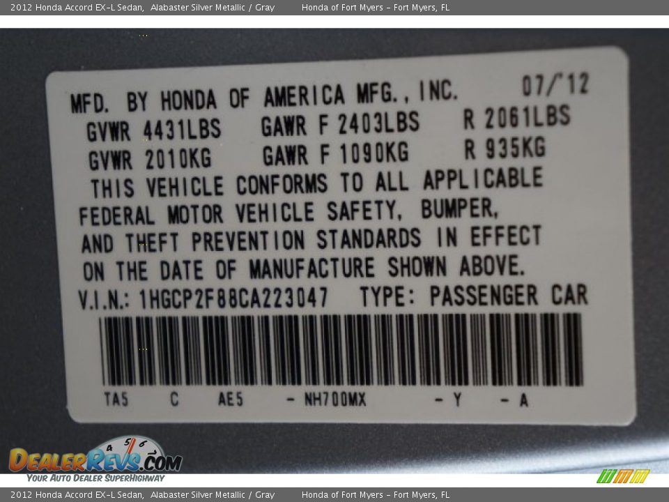 2012 Honda Accord EX-L Sedan Alabaster Silver Metallic / Gray Photo #36