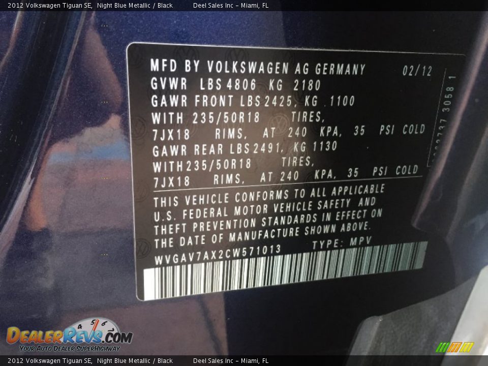 2012 Volkswagen Tiguan SE Night Blue Metallic / Black Photo #16