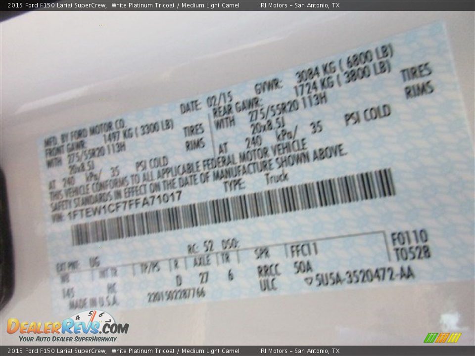 2015 Ford F150 Lariat SuperCrew White Platinum Tricoat / Medium Light Camel Photo #16