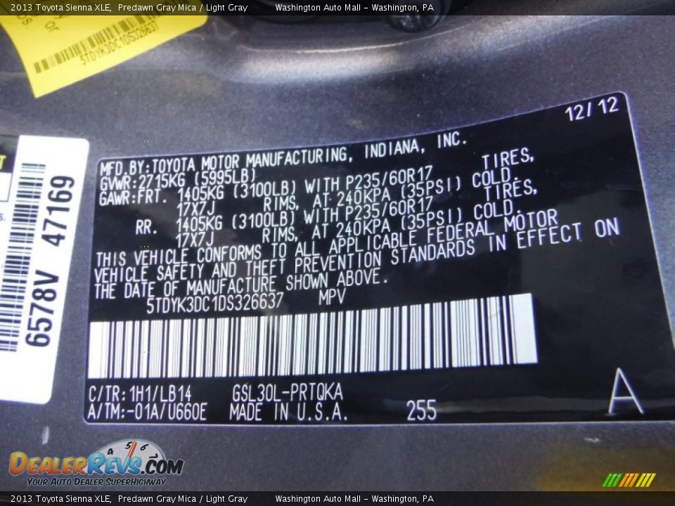 2013 Toyota Sienna XLE Predawn Gray Mica / Light Gray Photo #25