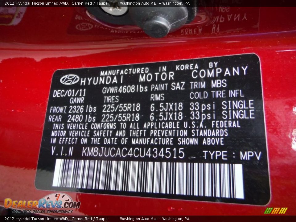 2012 Hyundai Tucson Limited AWD Garnet Red / Taupe Photo #24