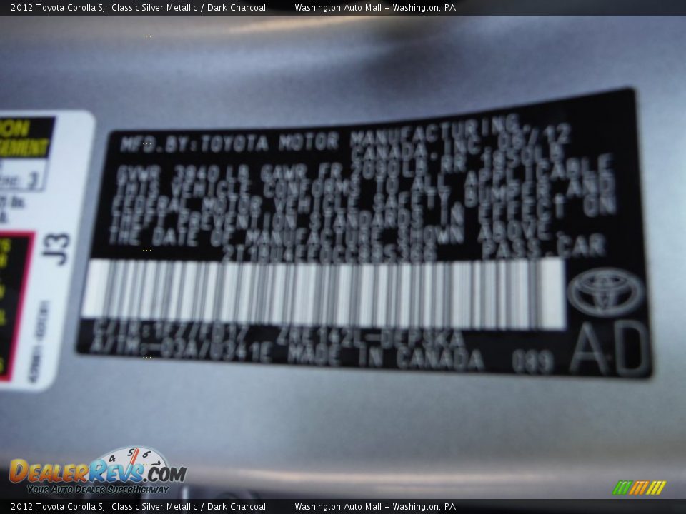2012 Toyota Corolla S Classic Silver Metallic / Dark Charcoal Photo #19