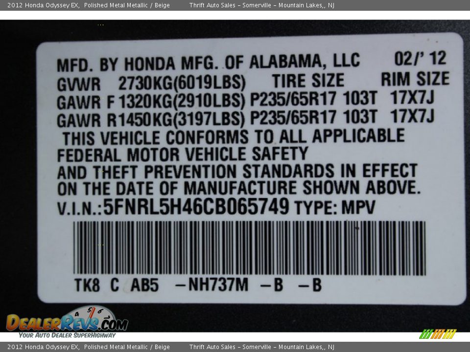 2012 Honda Odyssey EX Polished Metal Metallic / Beige Photo #31