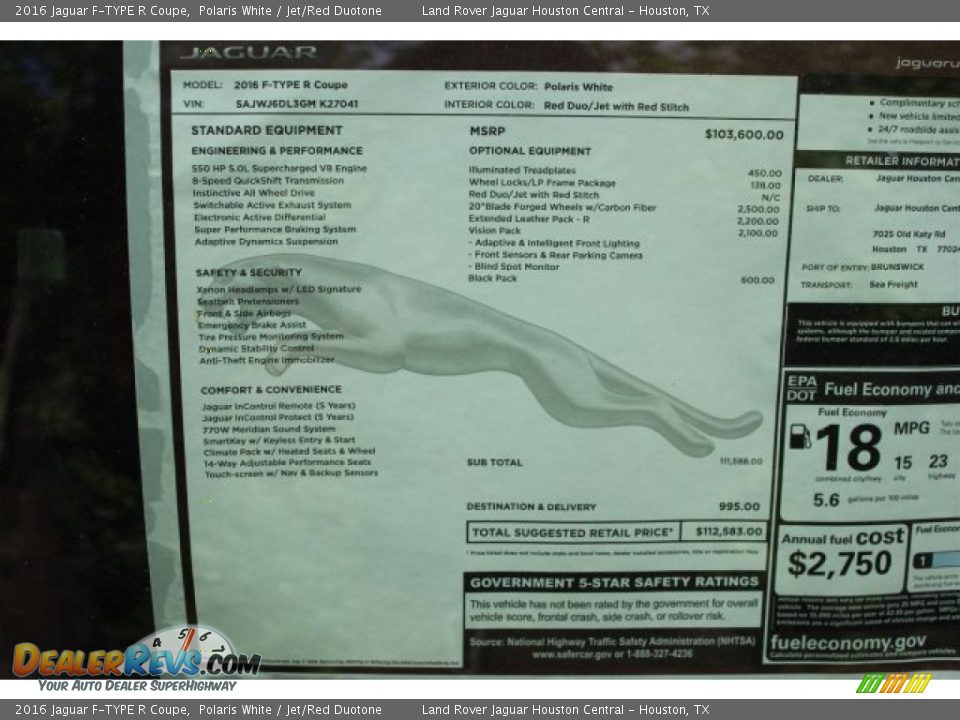 2016 Jaguar F-TYPE R Coupe Window Sticker Photo #11