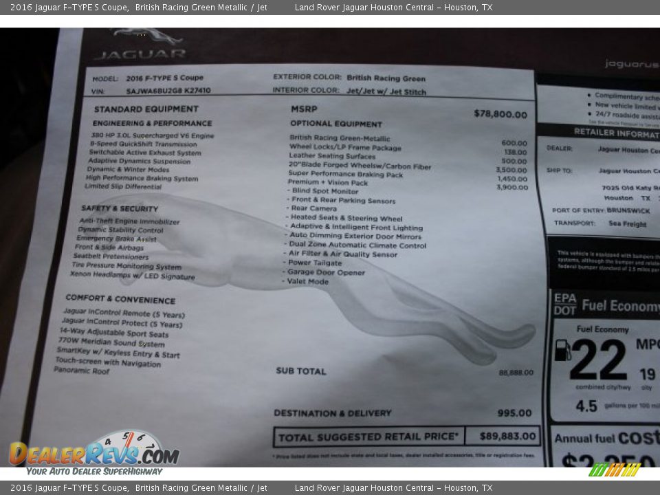 2016 Jaguar F-TYPE S Coupe Window Sticker Photo #11