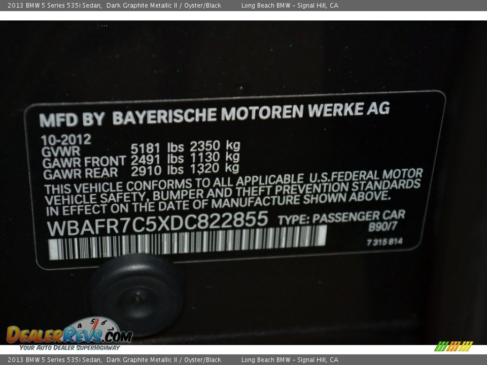 2013 BMW 5 Series 535i Sedan Dark Graphite Metallic II / Oyster/Black Photo #11