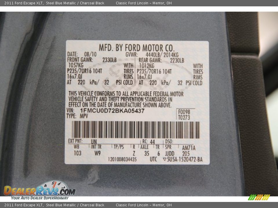 2011 Ford Escape XLT Steel Blue Metallic / Charcoal Black Photo #16