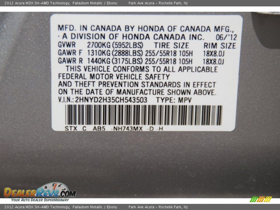 2012 Acura MDX SH-AWD Technology Palladium Metallic / Ebony Photo #34