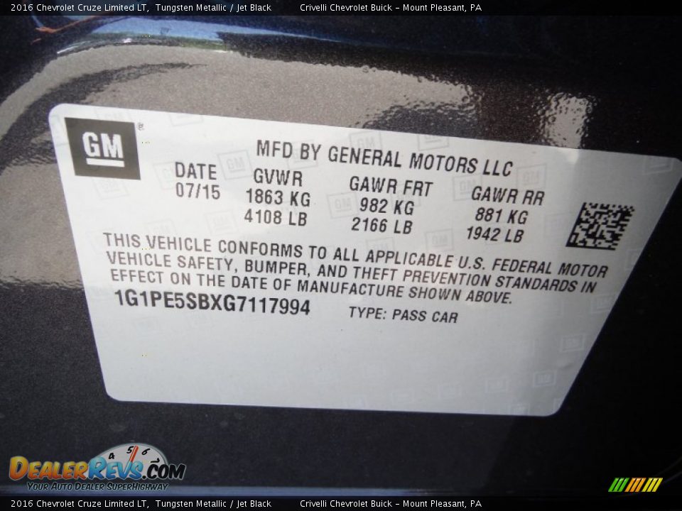 2016 Chevrolet Cruze Limited LT Tungsten Metallic / Jet Black Photo #20