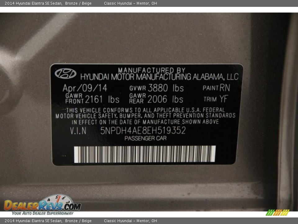 2014 Hyundai Elantra SE Sedan Bronze / Beige Photo #15