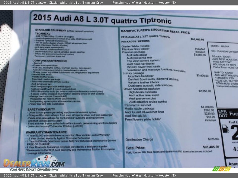 2015 Audi A8 L 3.0T quattro Glacier White Metallic / Titanium Gray Photo #8