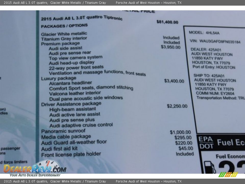 2015 Audi A8 L 3.0T quattro Glacier White Metallic / Titanium Gray Photo #9